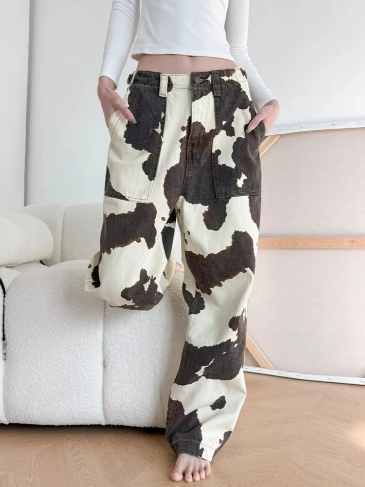 Cow Print Wide Leg Jeans