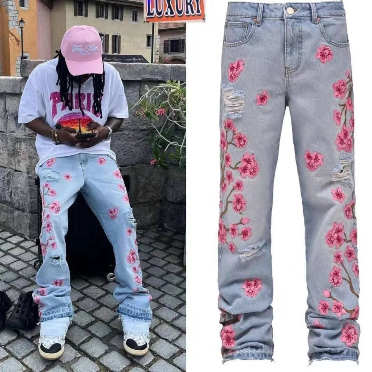 Stacked Floral Straight Leg Jeans